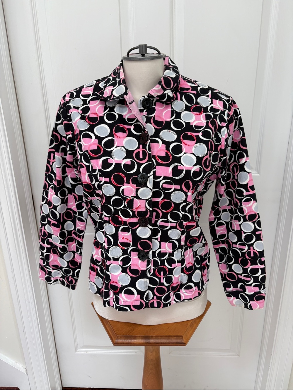 Parsley & Sage Black Pink and White Patterned Blazer
